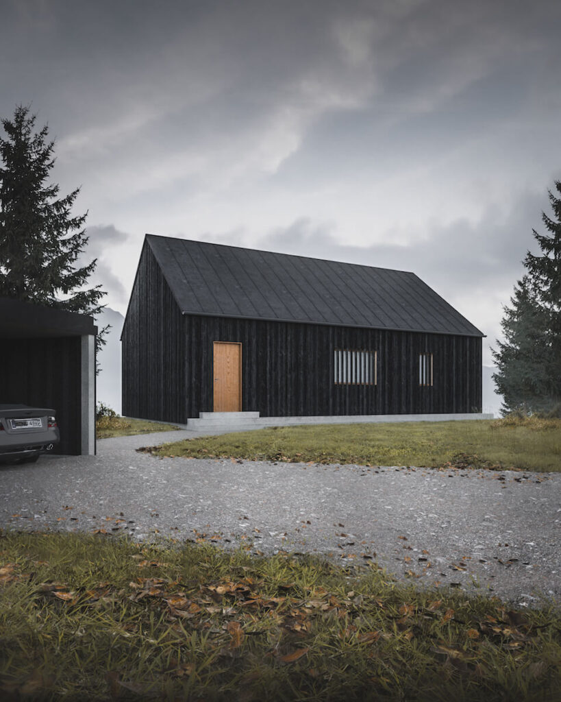 Visualisierung rendering 3d verbrannte Holzfassade Hütte Berge